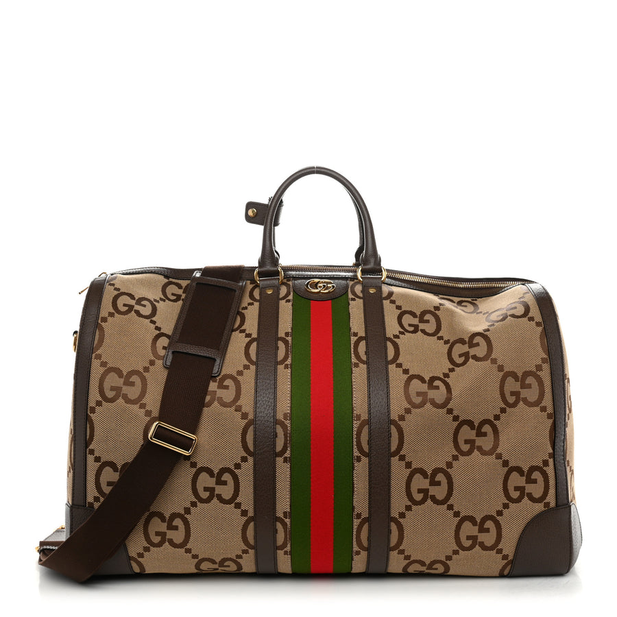 【中古】Monogram Jumbo GG Textured Dollar Calfskin Web Maxi Duffle Bag Camel Ebony