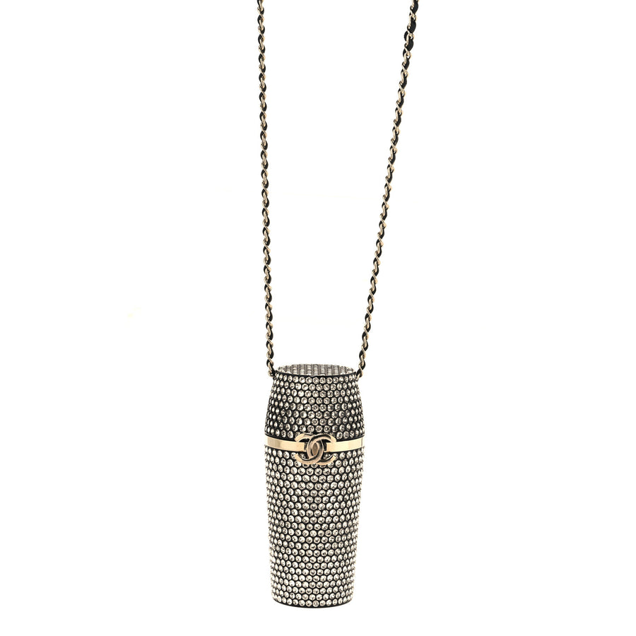 【中古】Metal Resin Lambskin Crystal Lipstick Case Long Necklace On Chain Silver Black Gold