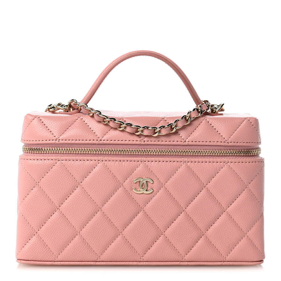 【中古】Caviar Quilted Top Handle Slim Vanity With Chain Light Pink