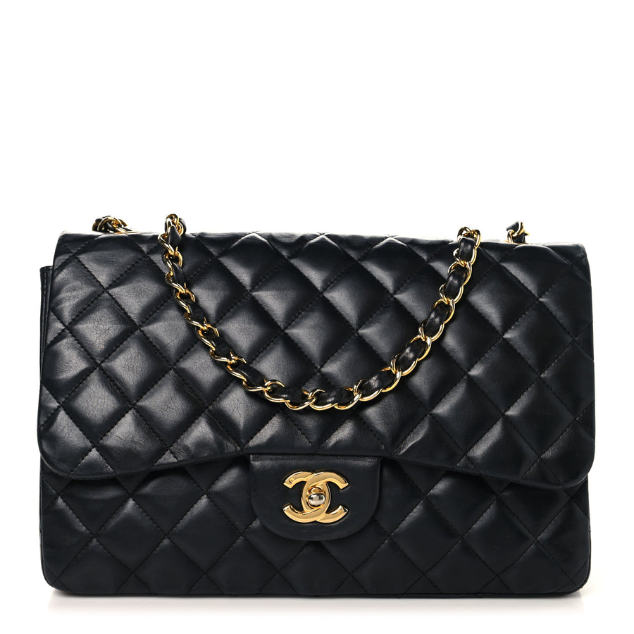【中古】Lambskin Quilted Jumbo Double Flap Black