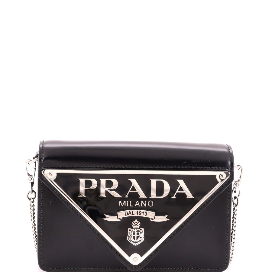 【中古】Maxi Triangle Logo Chain Flap Bag Brushed Leather Small