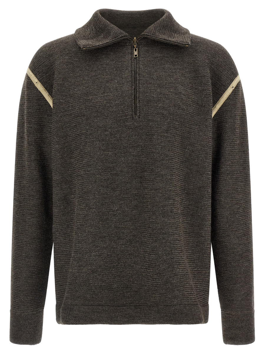 Maison Margiela Quarter-Zip Wool with Contrast Ribbon Sweater — Gray