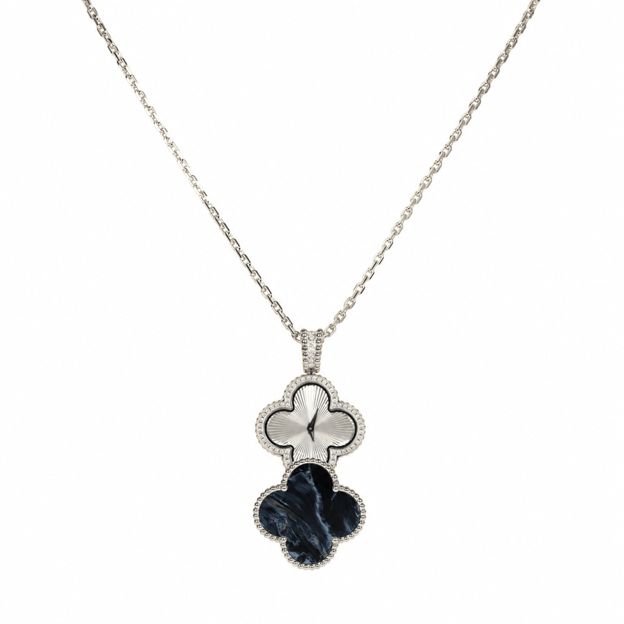 Van Cleef & Arpels Alhambra Secret Pendant Watch Necklace Pietersite, Diamonds, 18K White Gold Guilloche