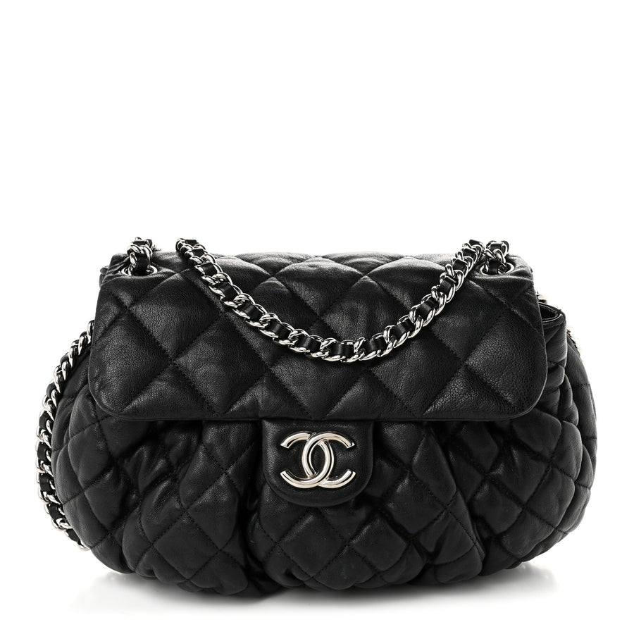 【中古】Washed Lambskin Quilted Large Chain Around Flap Black