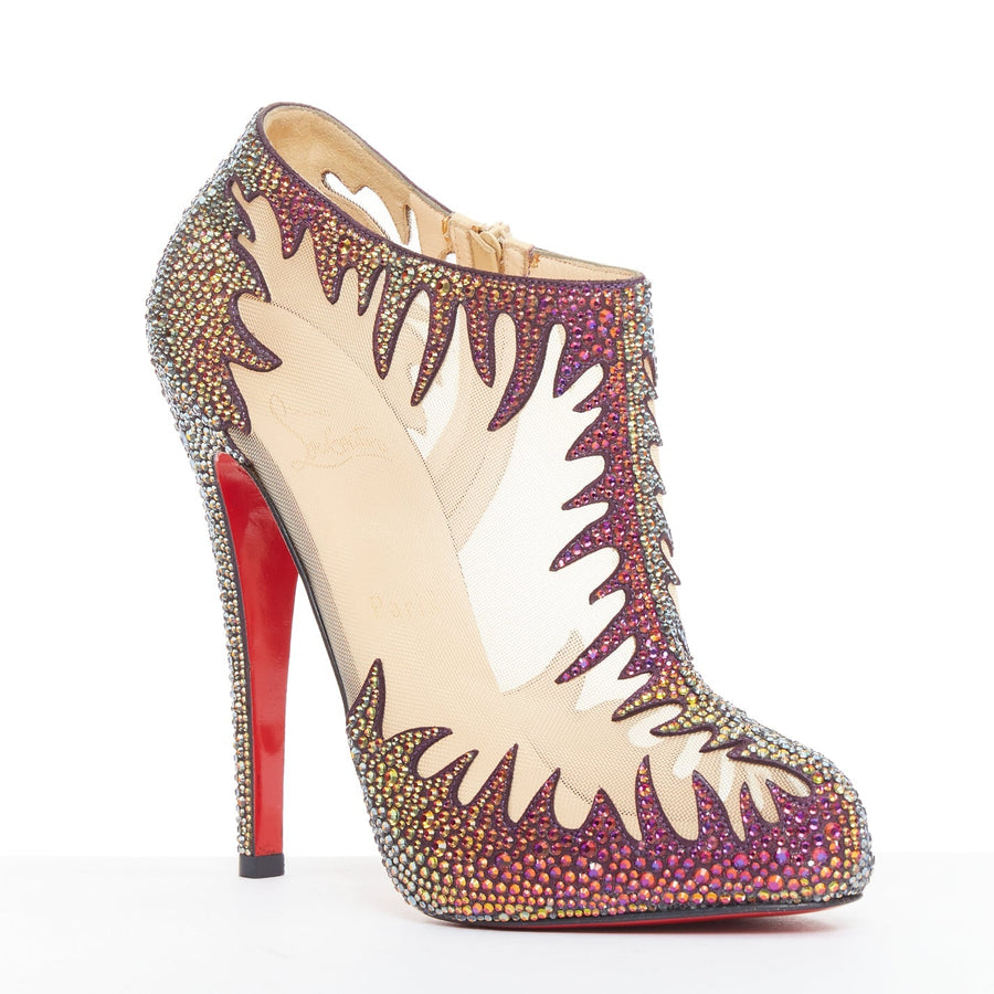 【中古】Women's Christian Louboutin Suede Crystal Mesh Boots