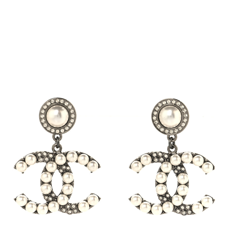 【中古】Pearl Crystal CC Drop Earrings Silver