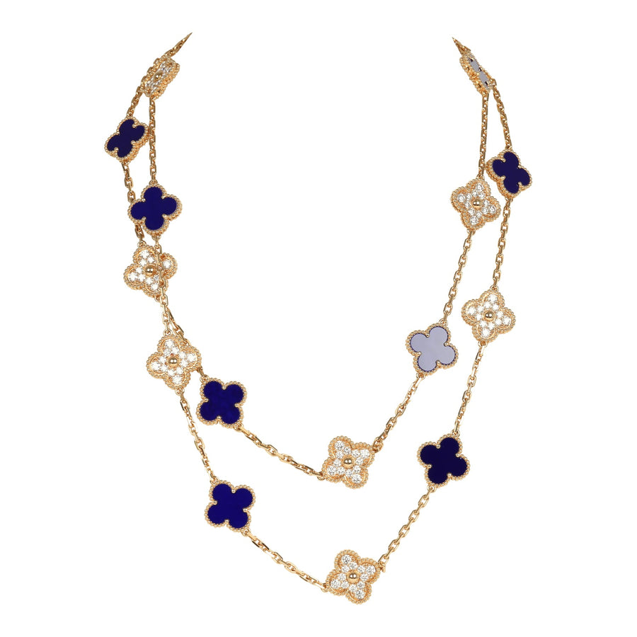 Van Cleef & Arpels "Vendome" Vintage Alhambra 20 Motif Long Necklace Blue Sevres Porcelain 18K Yellow Gold & Diamonds