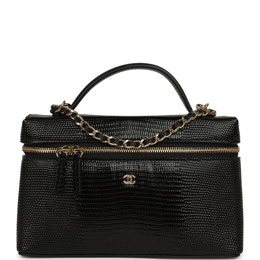Chanel Top Handle Long Vanity Case with Chain Black Lizard Embossed Calfskin Gold Hardware